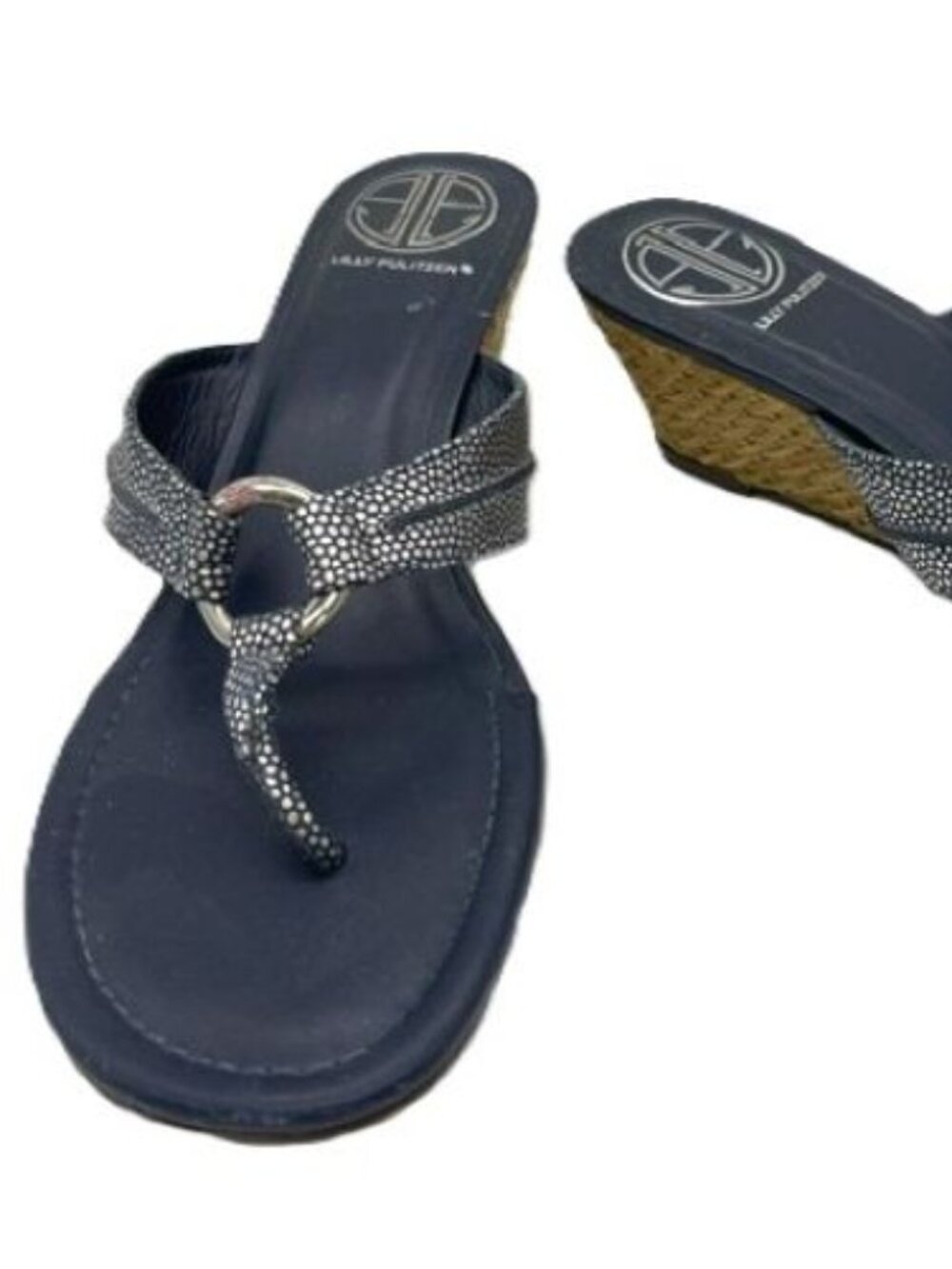 Lilly Pulitzer Leather Navy Silver Dot Thong Rattan Wedge Heel Sandals Sizee 9